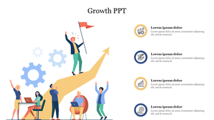 Teamwork and success illustration featuring six people and a arrow, wit icons of growth and development beside text areas.