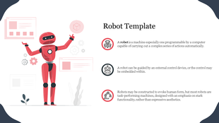 Illustration of a red robot raising its arms with three circular icons and descriptive text on the right.