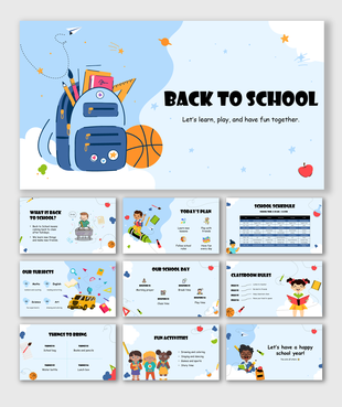 Editable Back To School Template with colorful slides for schedules subjects rules activities and fun learning kids class.