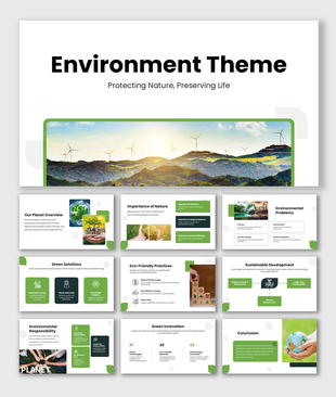 Environment PPT with green theme, nature visuals, wind turbines, eco charts, icons, shapes, and clean layouts for insights.