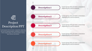 Project description slide with five timeline points and placeholder text, set against a light  blurred background.