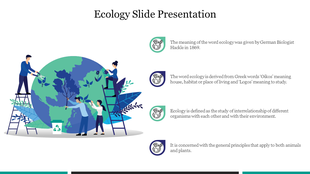 Ecology slide featuring an illustration of people nurturing plants on a globe with icons explaining ecological concepts.