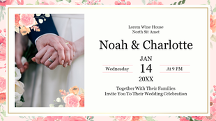 Floral-themed wedding invitation slide featuring a couple's hands and space for wedding details such as date and venue.