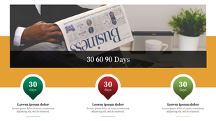 A PowerPoint template featuring a 30 60 90 day plan with color coded sections each with a caption placeholder.