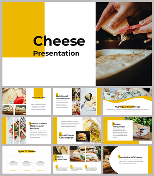Cheese presentation slide deck with an image of cheese being grated and thumbnails of slides discussing cheese varieties.