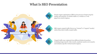 A laptop with a magnifying glass. The text explains SEO as a process to improve website traffic through search engines.