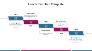 Career timeline template with a zigzag design showing years from 2019 to 2023 in alternating blue and pink boxes.