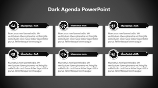 Dark-themed slide featuring six agenda points, each in a black-bordered box with a circular number icon.