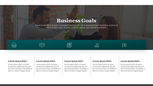 Modern business goals slide featuring a header image of blurred professionals, icons, and placeholder text areas.