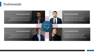 Testimonials slide with five portraits, each paired with a dark text box containing placeholder text and bolded names.