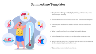 Summertime tips with a man feeling hot, surrounded by various icons like a thermometer, umbrella, and beach activities.