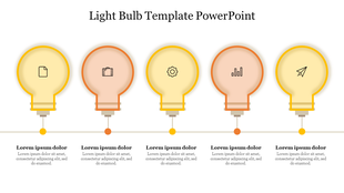 A row of five light bulbs in yellow and orange hues, each containing unique icons, aligned over a horizontal line.