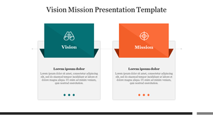 A PowerPoint slide with sections for colorful vision and mission, featuring icons for each and a brief description below.