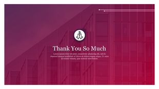 Modern thank you layout featuring praying hands symbol above title, with corporate building photo background in magenta.