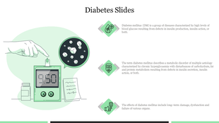 Diabetes-themed illustrations, including a glucometer and icons with placeholder and a hand using a glucometer.