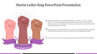 Martin Luther King day slide with fists of skin tones, banner, and brief text highlighting King's civil rights impact.