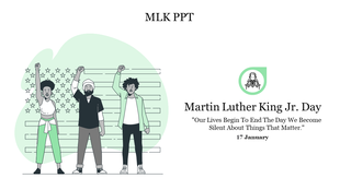 MLK themed slide featuring three people raising fists with an abstract green and star backdrop.