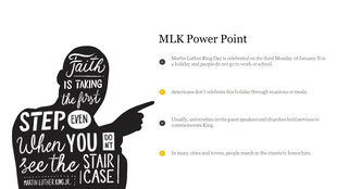 A PowerPoint slide with facts about Martin Luther King Jr. Day, featuring a silhouette of King with a quote.
