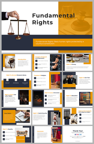 Fundamental rights slide pack featuring images of gavel and scales, with yellow and navy blue accents.