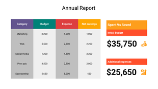 Annual report slide featuring a financial summary with categories, budget, expenses, and net earnings in a table format.