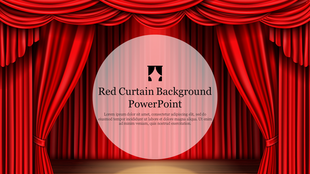 Red velvet stage curtains are drawn to the side with a circular text overlay in the center.