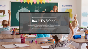 Back to school slide showing a teacher at the chalkboard and children with raised hands, with title text in a dark box.