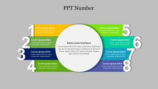 Slide with eight numbered sections in vibrant colors, each with a corresponding text box, arranged around a central circle.
