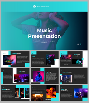 Slide deck featuring teal and black theme with vibrant music related imagery and modern layout across all slides.