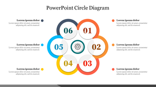 Slide featuring six colorful circles in red, orange, pink, yellow, blue, and gray, arranged around a central gear icon.