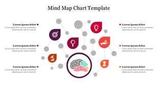 Mind map template with a central circular brain, surrounded by colorful teardrop shaped icons with six text areas.