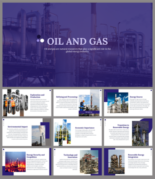 Oil and Gas themed cover slide deck with industrial refinery background and additional slides showcasing topics.
