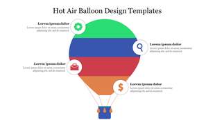 Hot air balloon infographic with four horizontal color bands, each connected to circular icons and text boxes on the sides.