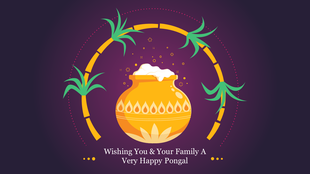 Happy pongal visual with a decorated pot of milk, sugarcane illustrations, and festive accents against a purple background.