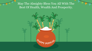 Festive Pongal design featuring a traditional pot with sugarcane and colorful bunting decorations.