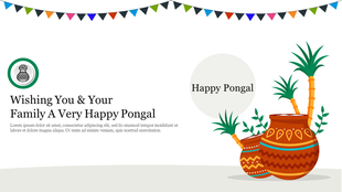 Pongal themed slide with clay pots adorned with patterns, sugarcane plants, and a festive flag banner.