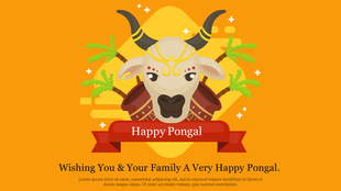 Template with a festive Pongal bull head illustration, sugarcane accents, and a warm yellow background with greetings text.