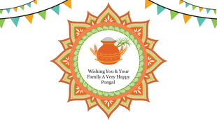 Festive Pongal design with a wishing note featuring a traditional pot surrounded by an orange and green mandala.