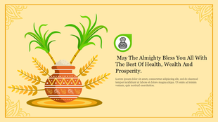 Pongal slide featuring cultural symbols of sugarcane and rice with a message of blessings. 