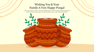 Illustration of colorful Pongal pots with geometric designs and leaves, placed against a cream background with orange dots.