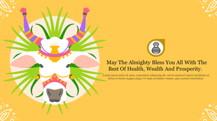 Festival of pongal in yellow-themed slide featuring a cow's face with greenery, colorful patterns, and an icon of a pot.