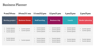 Grid-style layout with alternating shaded sections business planner table organized by hourly slots from 9 am to 3 pm.