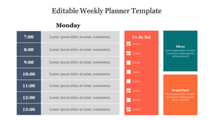 A colorful Monday weekly planner slide with hourly slots from 7.00 AM to 1.00 PM, a to do list, and text sections.