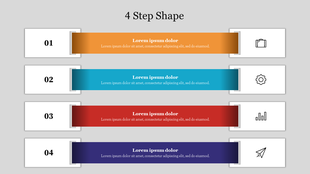 Four horizontal steps with gradient bars in orange, blue, red, and purple, numbered 01 to 04 with icons on the right.