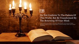 Dimly lit background featuring an open bible and a candelabra, accompanied by a religious message about renewal.