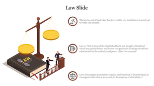 Illustrated law design with a golden scale, a book, and three circular text areas describing legal principles.