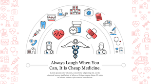 Semi-circular arc of colorful medical icons above a caduceus symbol, with centered text below, on a white background.