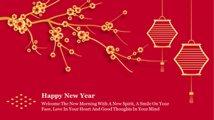 Decorative New Year design with gold floral branches and hanging lanterns on a red backdrop.