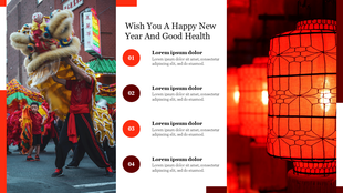 A festive Chinese New Year celebration slide with a dragon dance and vibrant red lanterns in the background with text.