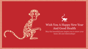 Traditional new year design featuring a patterned golden monkey on a red background with a decorative frame.