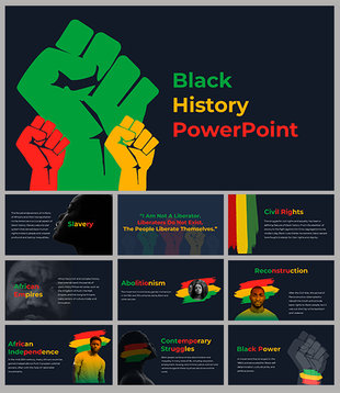PowerPoint slides highlighting key moments in Black history, including Slavery, Civil Rights, and African Independence.